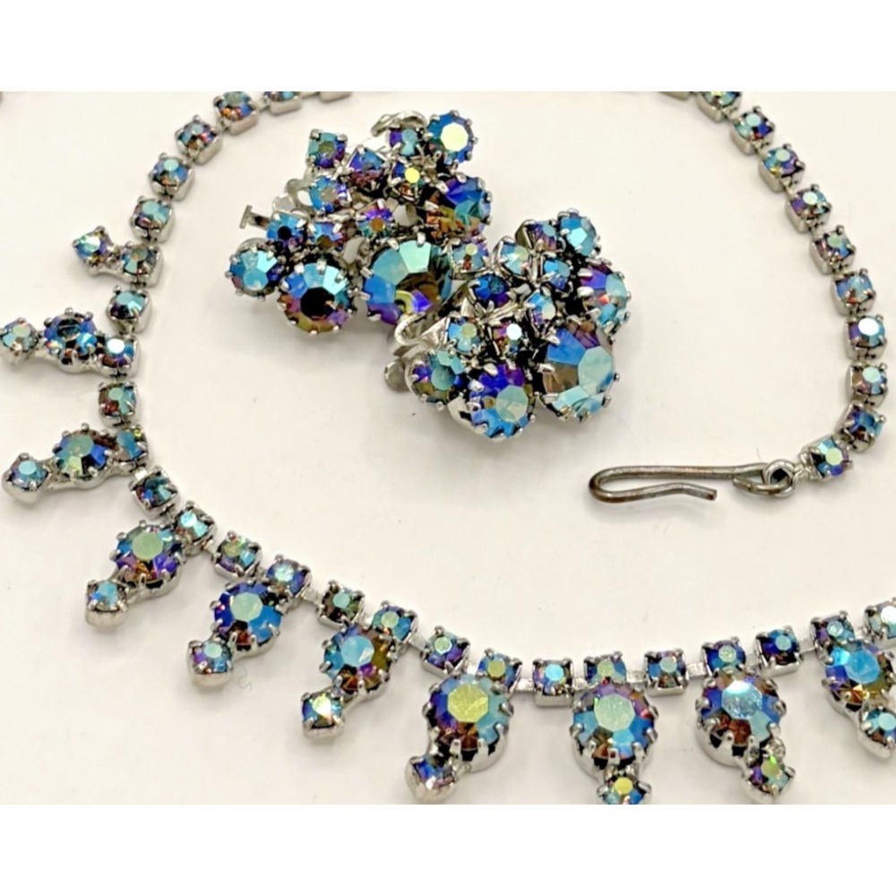 Vintage AB Blue Rhinestone Fringe Choker Necklace Clip Earrings Set Silver Tone